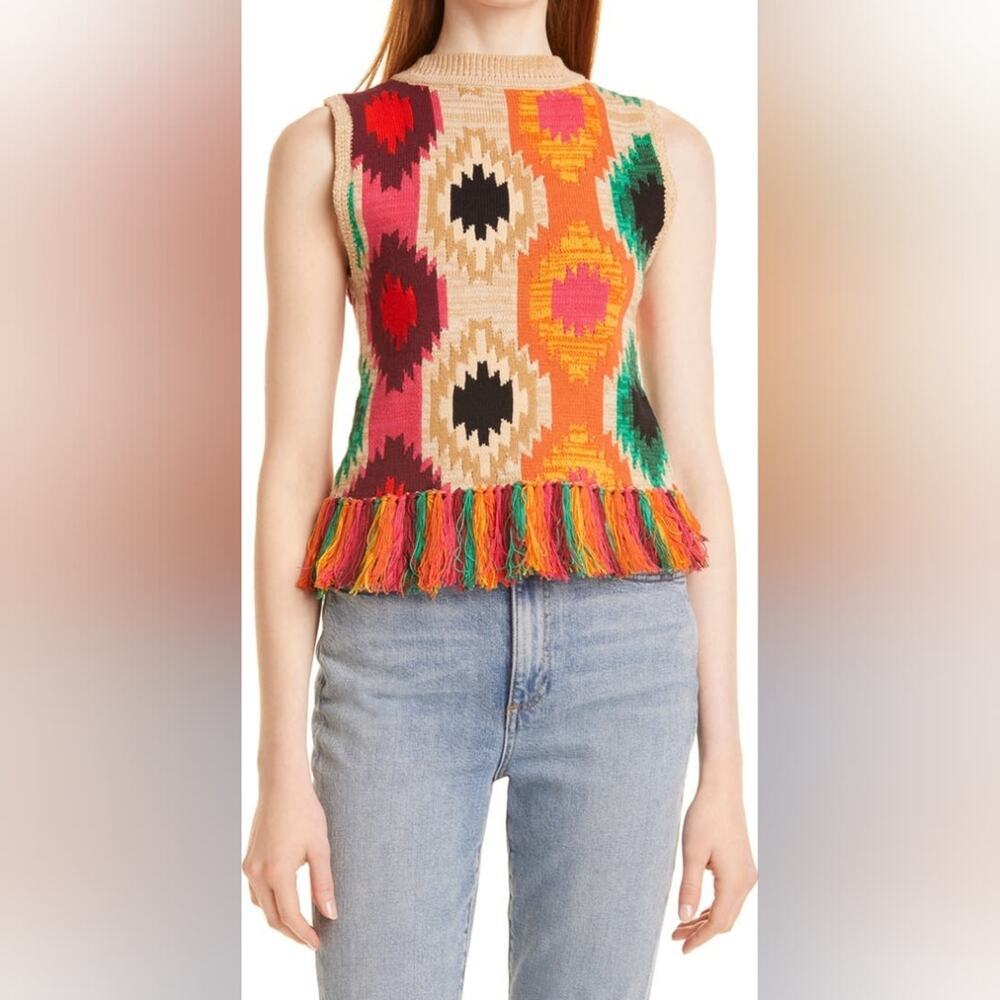 Alice + Olivia Reva Print tan Fringe sweater vest size medium